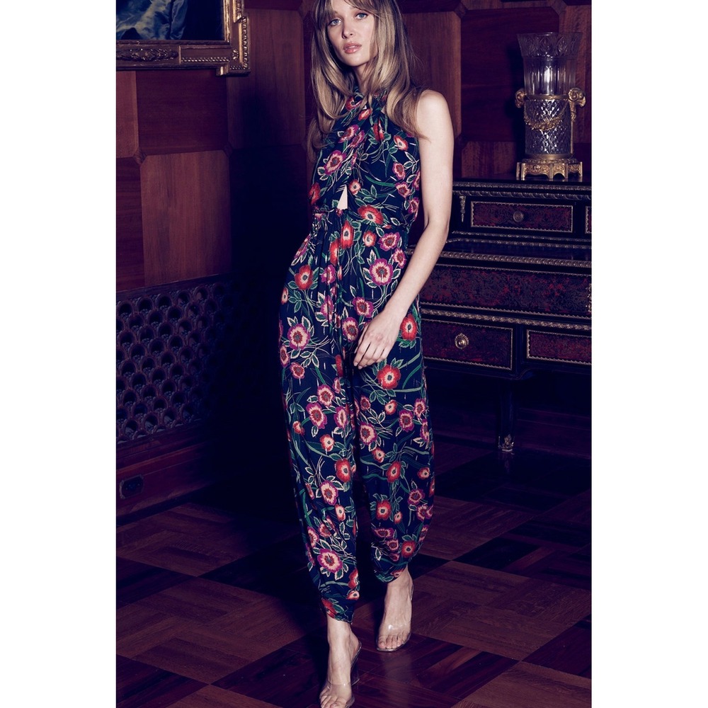 MISA Los Angeles Floral Halter Jumpsuit Black Metallic Silver XS NWT